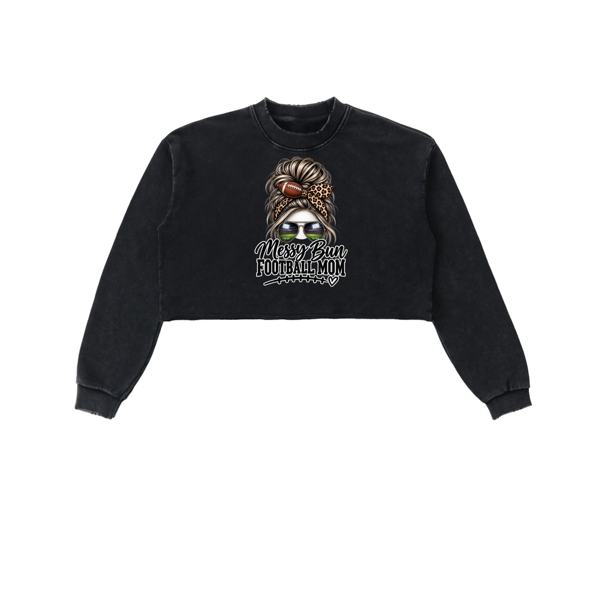 Messy Bun Football Mom Snow Washed Raw Edge Cropped Sweatshirt