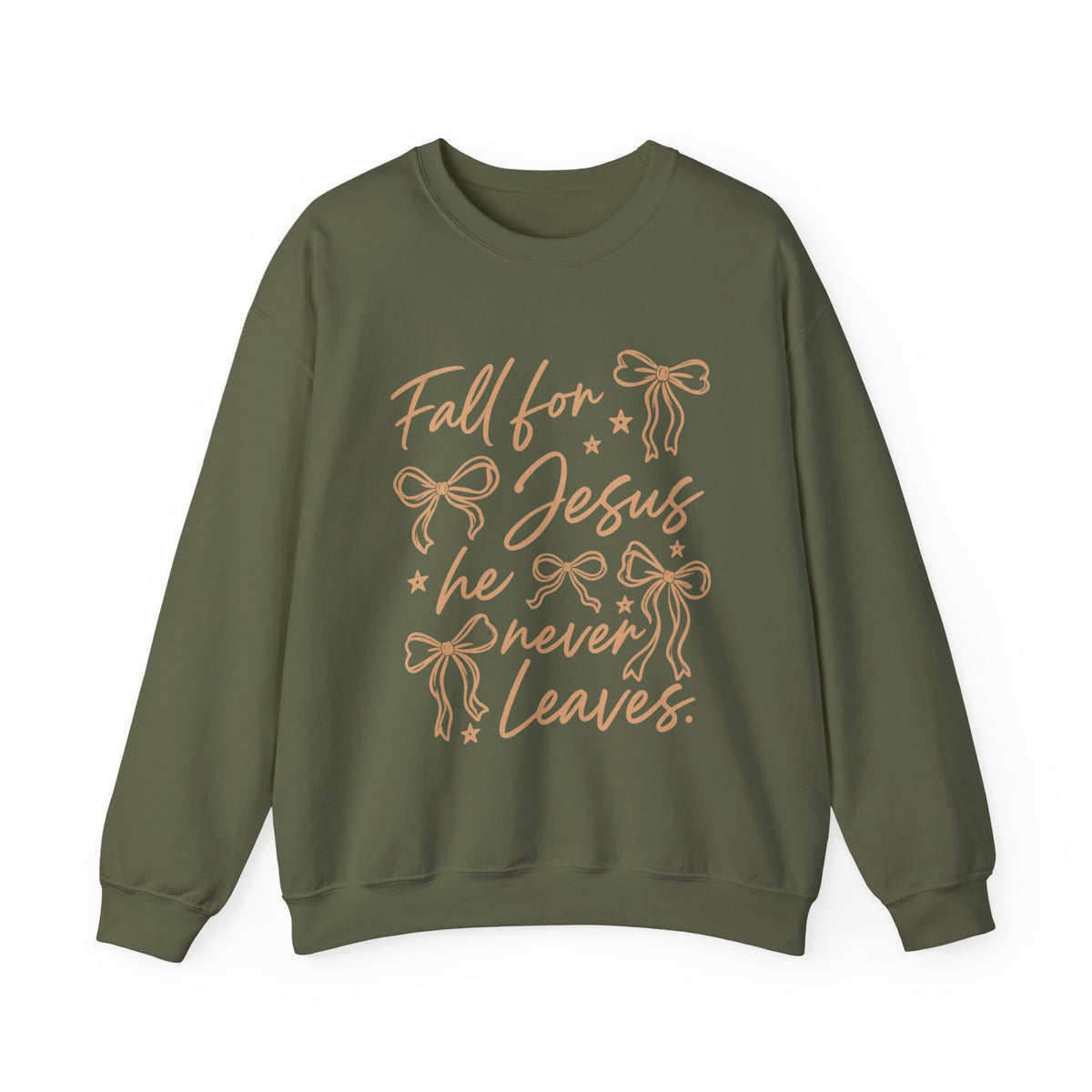 Christian Crewneck Sweatshirt – “Fall for Jesus, He Never Leaves” Autumn Faith Pullover