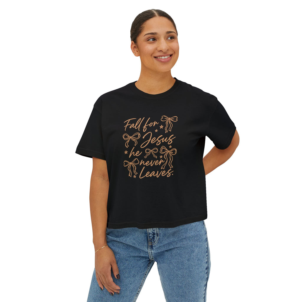 Women's Boxy Tee — "Fall for Jesus He Never Leaves" Faith Graphic Tee