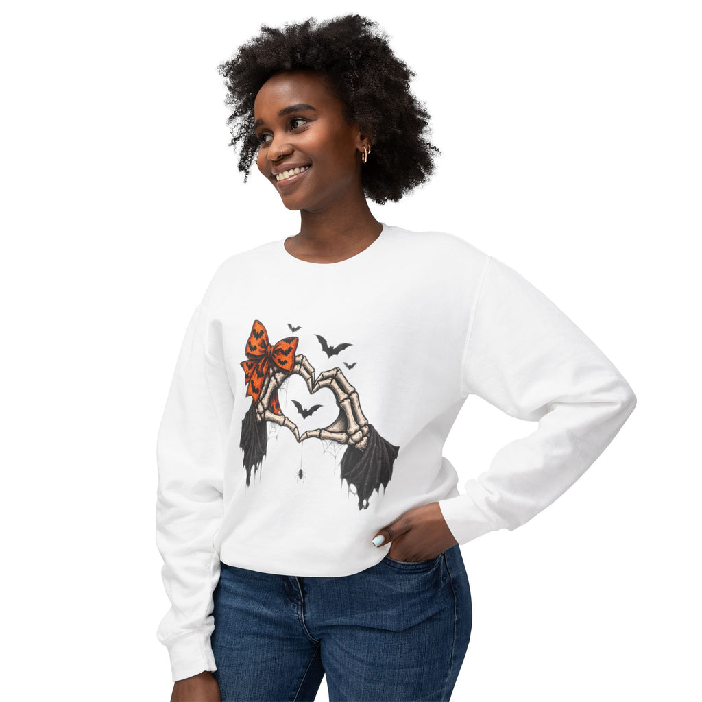 Halloween Skeleton Hands Crewneck Sweatshirt — Spooky Heart & Bat Design