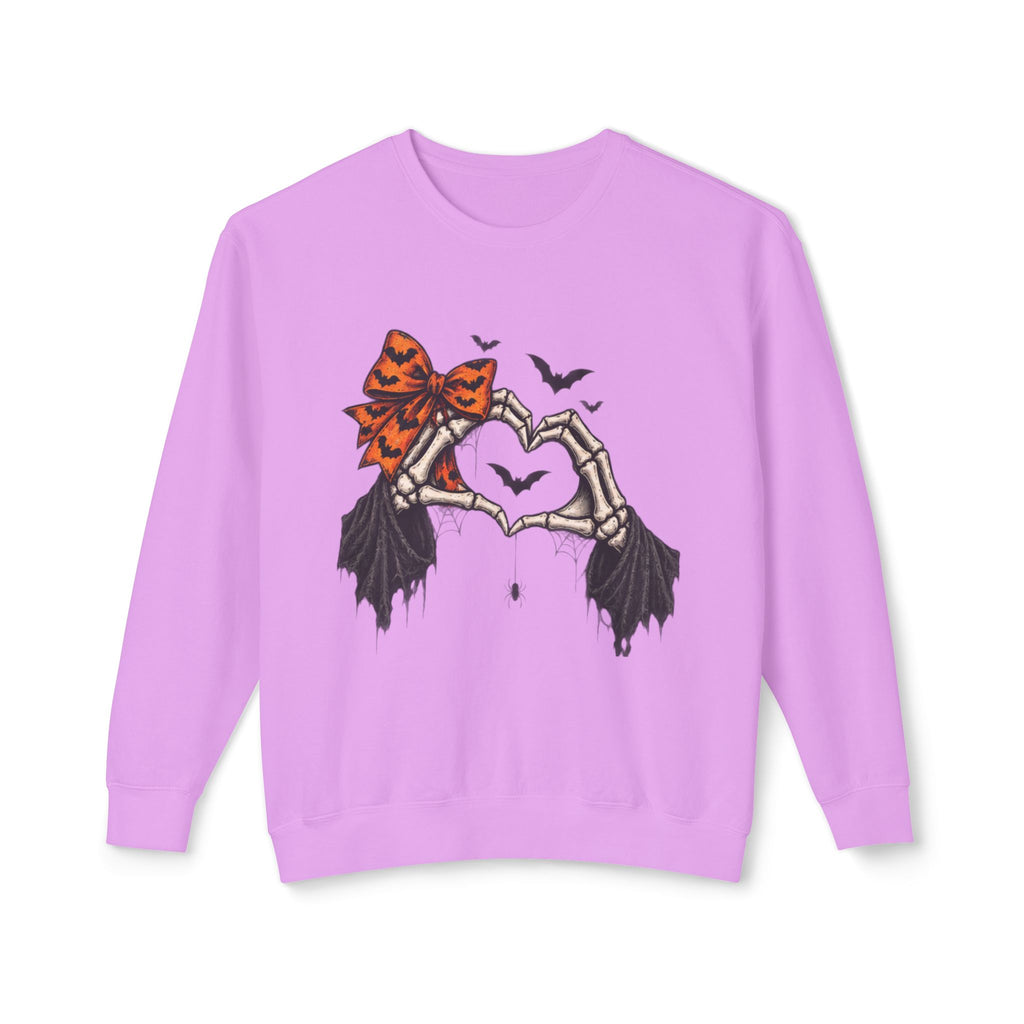 Halloween Skeleton Hands Crewneck Sweatshirt — Spooky Heart & Bat Design