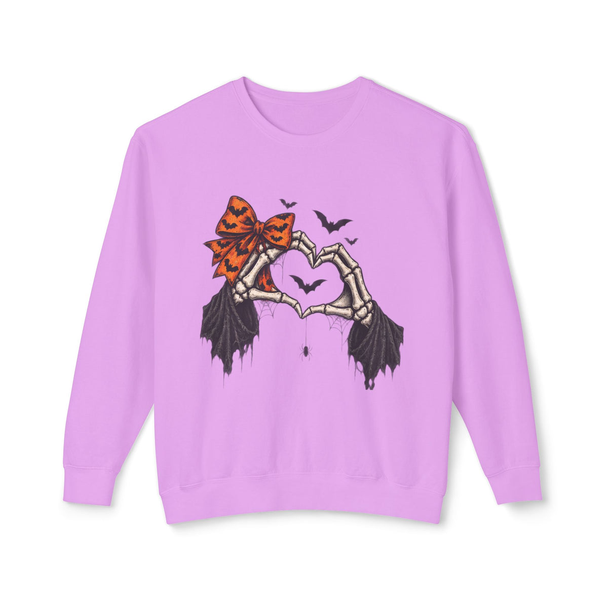 Halloween Skeleton Hands Crewneck Sweatshirt — Spooky Heart & Bat Design
