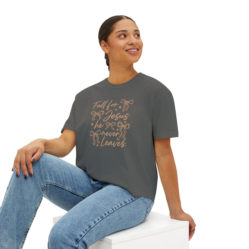 Women's Boxy Tee — "Fall for Jesus He Never Leaves" Faith Graphic Tee