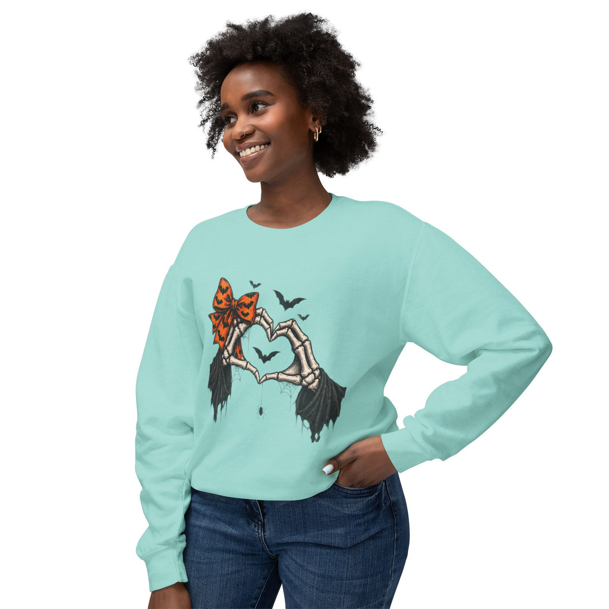 Halloween Skeleton Hands Crewneck Sweatshirt — Spooky Heart & Bat Design