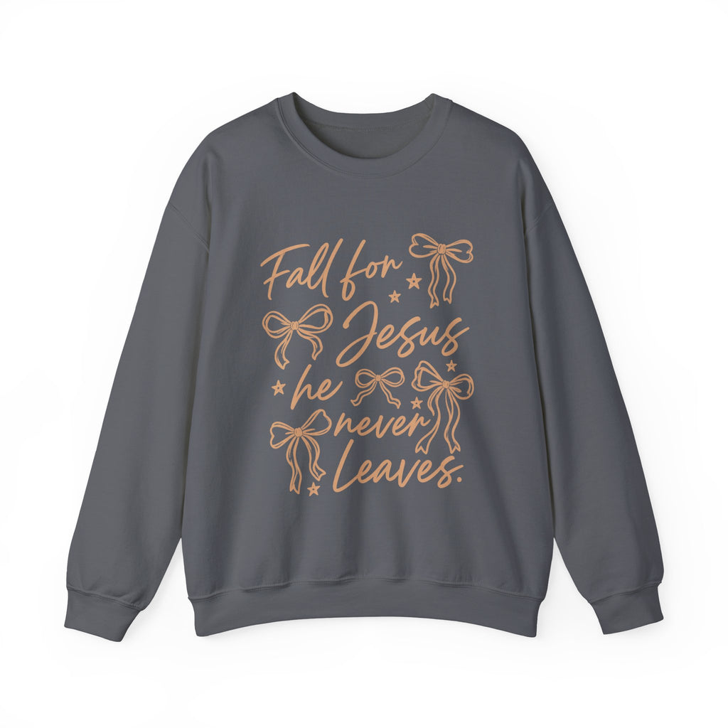 Christian Crewneck Sweatshirt – “Fall for Jesus, He Never Leaves” Autumn Faith Pullover
