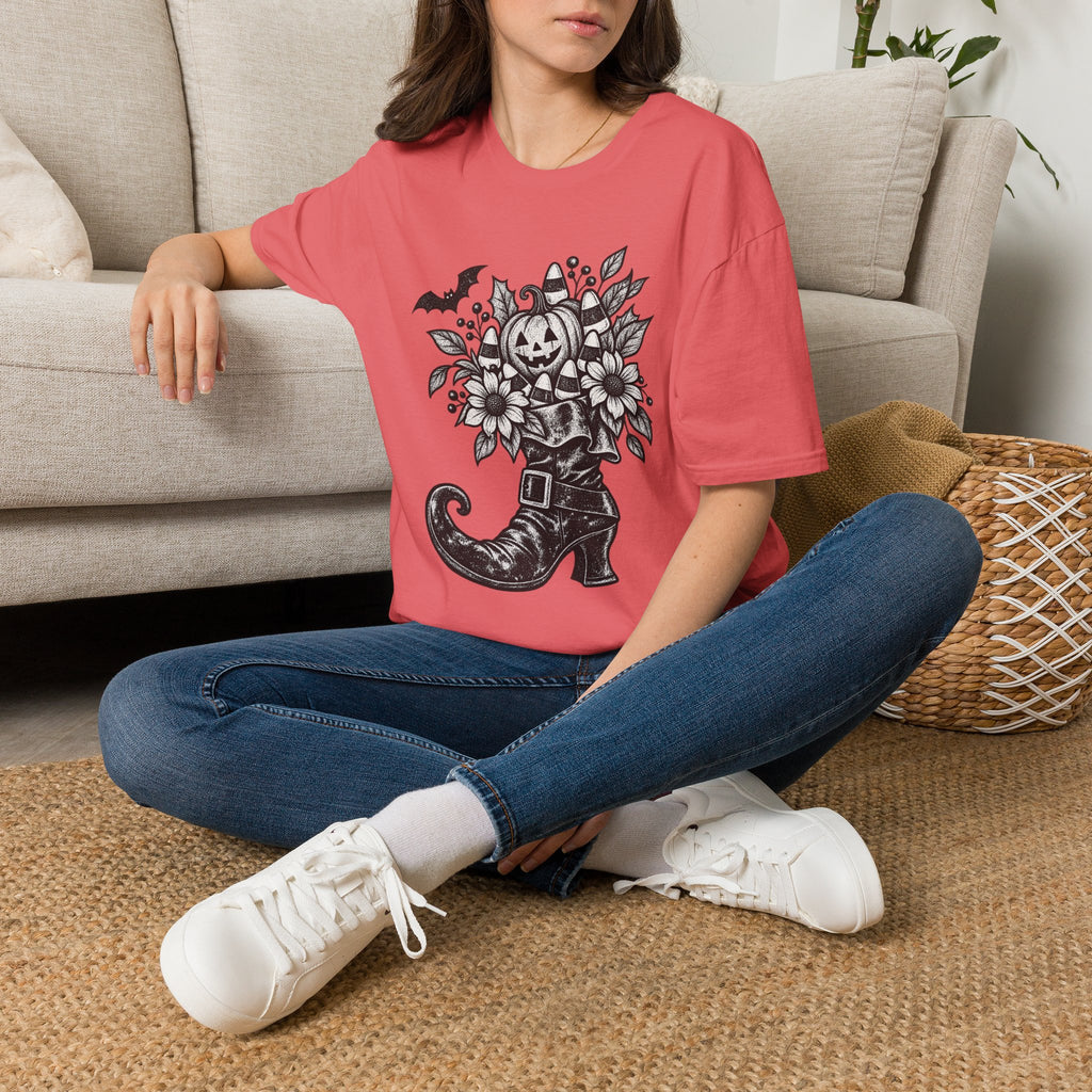 Halloween Boot Bouquet T‑Shirt — Pumpkin, Candy Corn & Bat Graphic