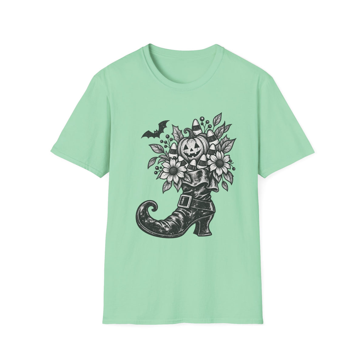 Halloween Boot Bouquet T‑Shirt — Pumpkin, Candy Corn & Bat Graphic