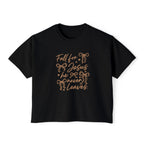 Women's Boxy Tee — "Fall for Jesus He Never Leaves" Faith Graphic Tee