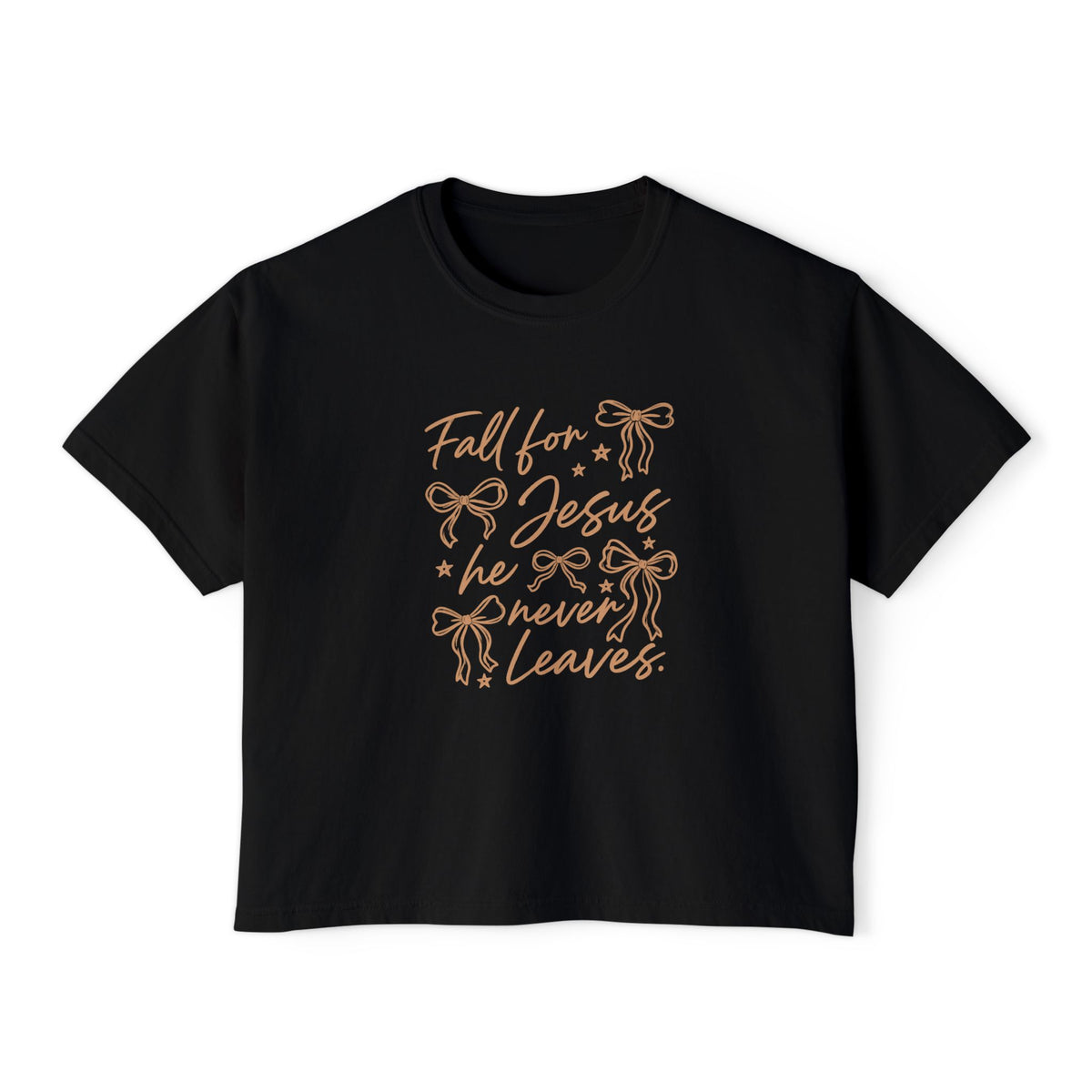 Women's Boxy Tee — "Fall for Jesus He Never Leaves" Faith Graphic Tee