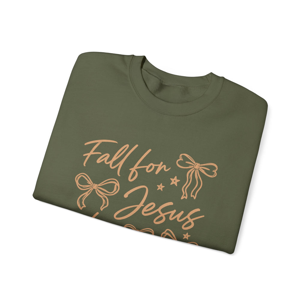 Christian Crewneck Sweatshirt – “Fall for Jesus, He Never Leaves” Autumn Faith Pullover