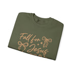 Christian Crewneck Sweatshirt – “Fall for Jesus, He Never Leaves” Autumn Faith Pullover