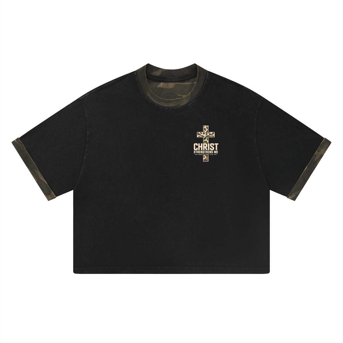 Christ Strengthens Me Camo Mineral Washed Boxy Panel T-Shirt