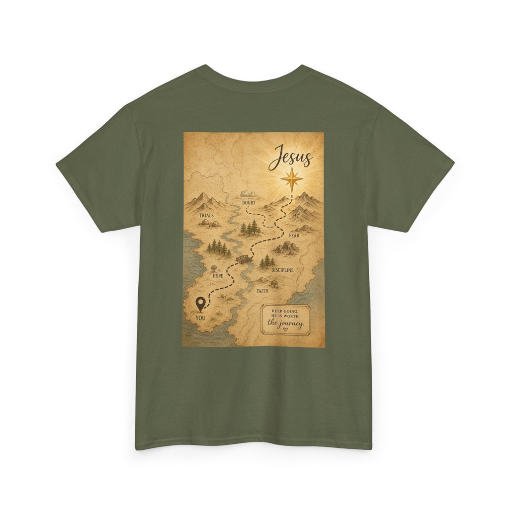 Christian Journey Tee — "Jesus is the Way" Map Back Print, Cross Chest Graphic