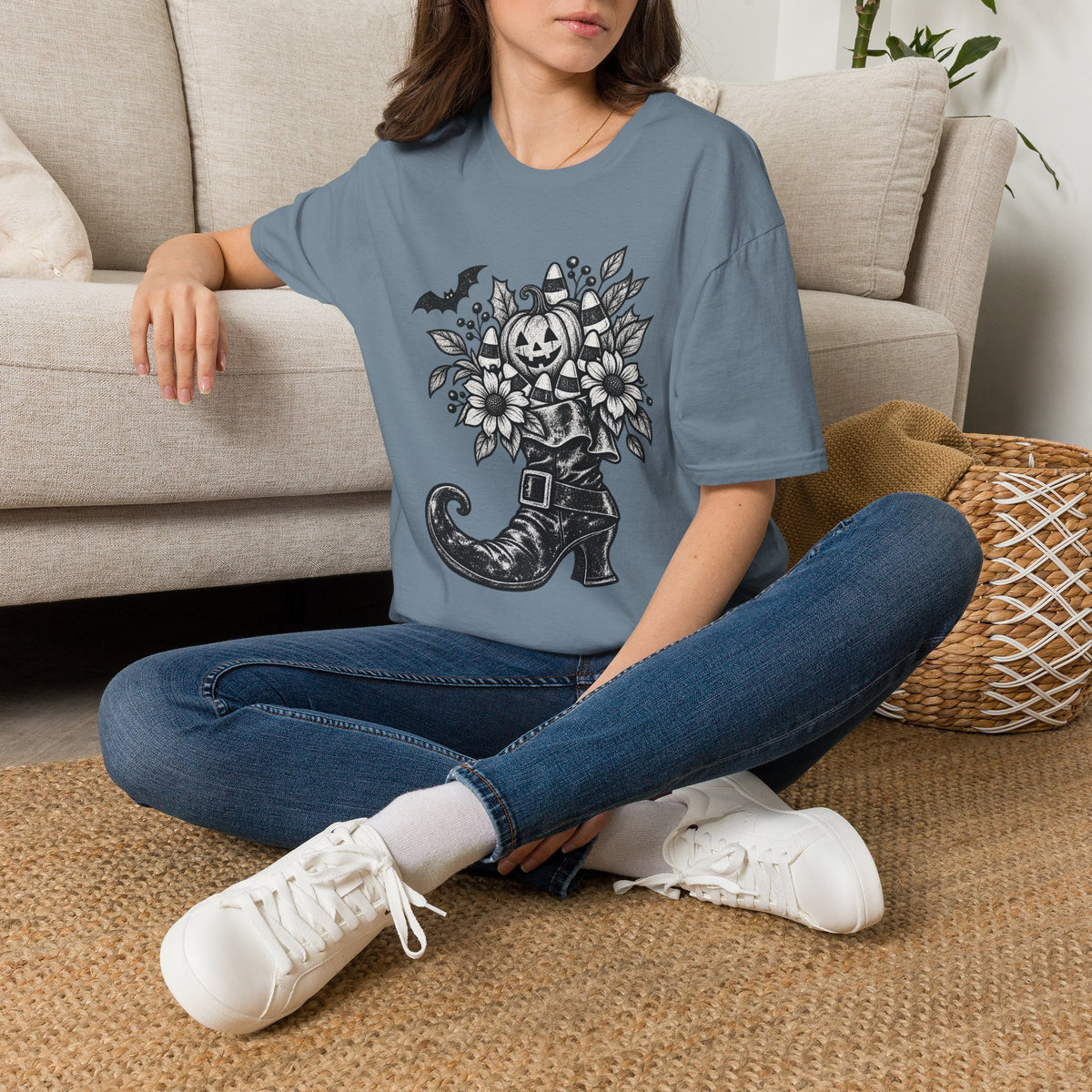 Halloween Boot Bouquet T‑Shirt — Pumpkin, Candy Corn & Bat Graphic