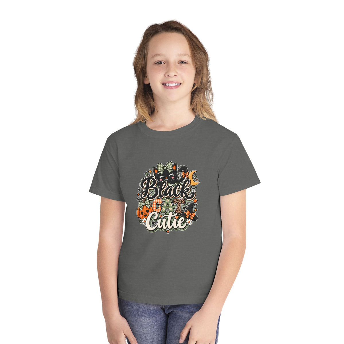Youth Tee — "Black & Cute" Halloween Pumpkin Graphic