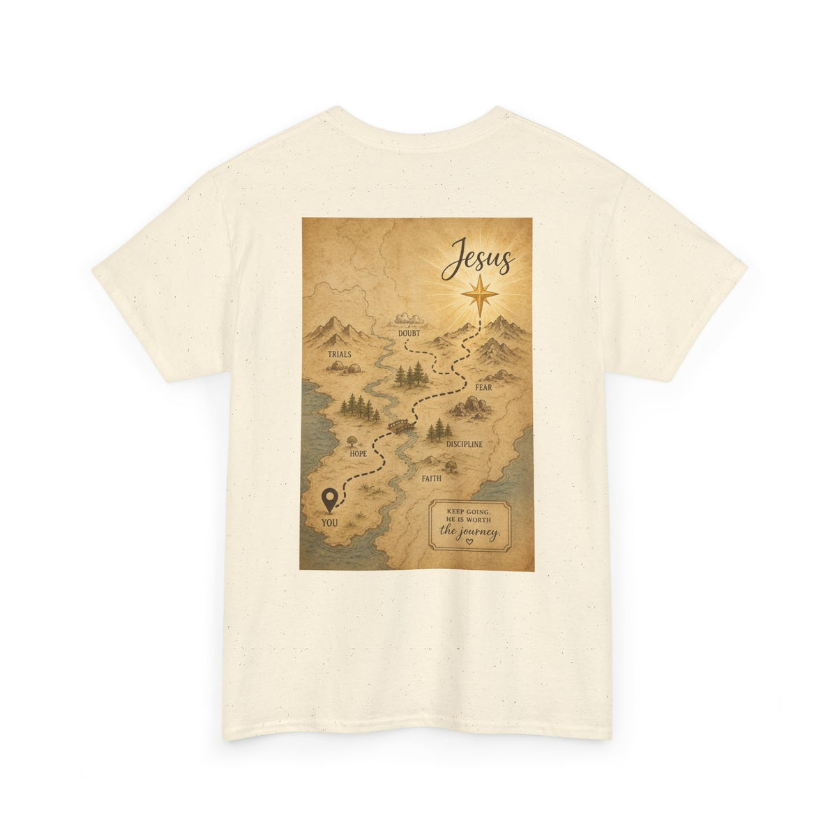 Christian Journey Tee — "Jesus is the Way" Map Back Print, Cross Chest Graphic