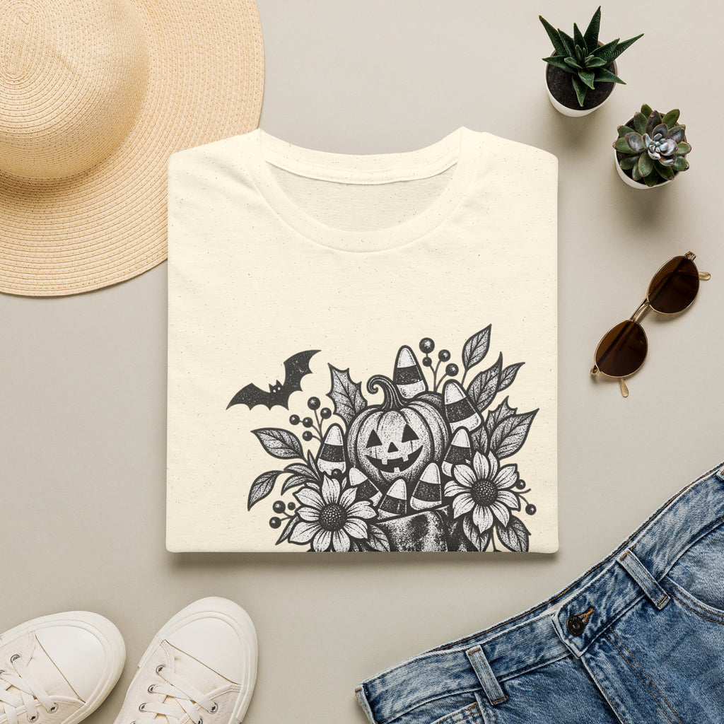 Halloween Boot Bouquet T‑Shirt — Pumpkin, Candy Corn & Bat Graphic