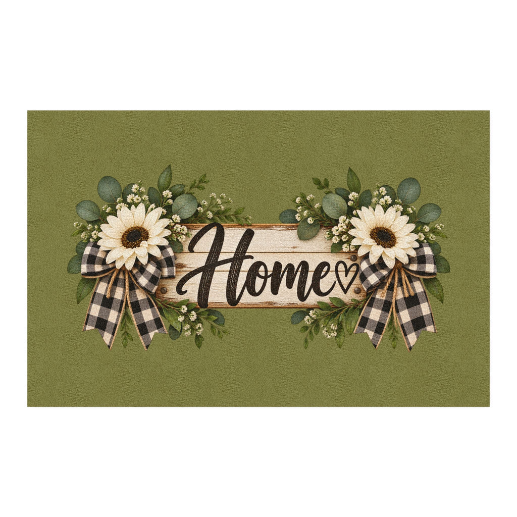 Welcome Home Floral Rug — Green Sunflower Doormat with Buffalo Check Bows