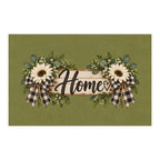 Welcome Home Floral Rug — Green Sunflower Doormat with Buffalo Check Bows