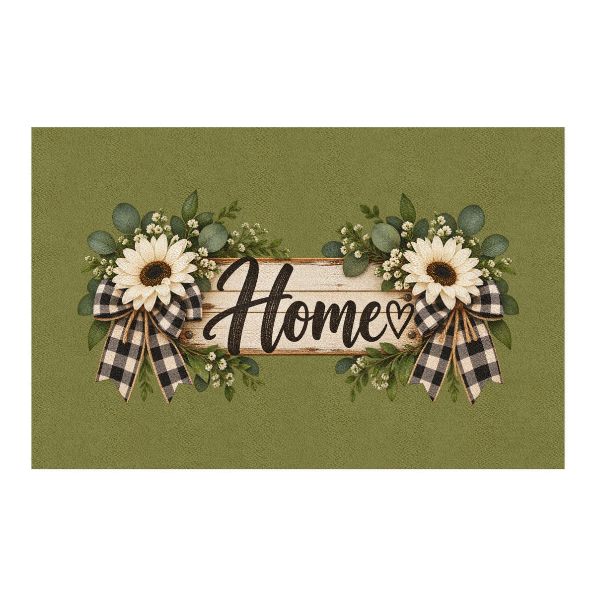 Welcome Home Floral Rug — Green Sunflower Doormat with Buffalo Check Bows