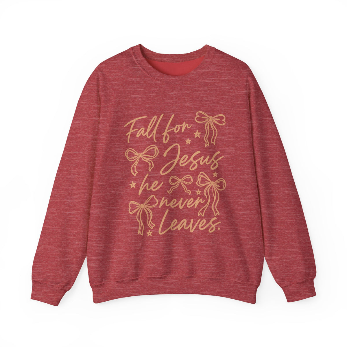 Christian Crewneck Sweatshirt – “Fall for Jesus, He Never Leaves” Autumn Faith Pullover