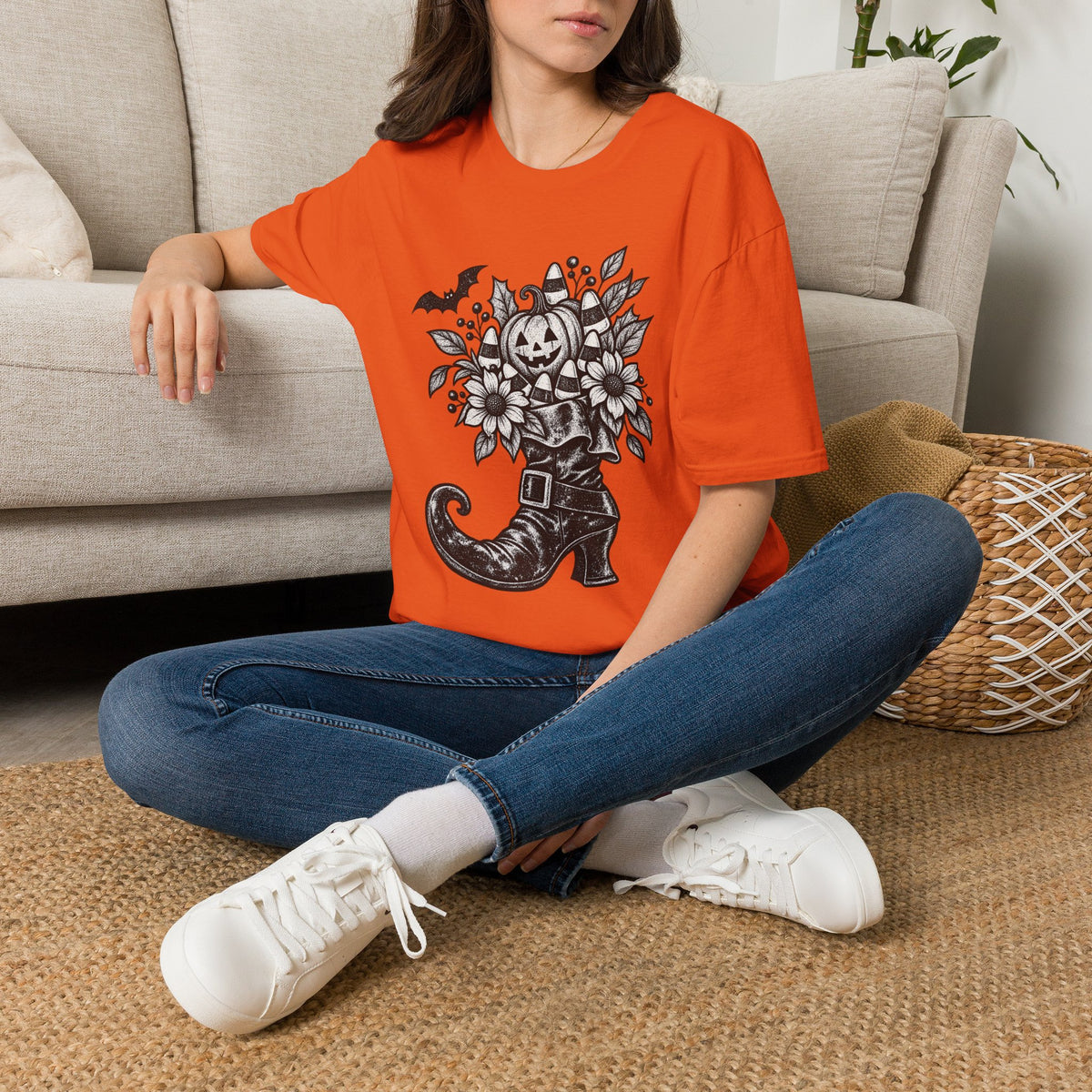 Halloween Boot Bouquet T‑Shirt — Pumpkin, Candy Corn & Bat Graphic