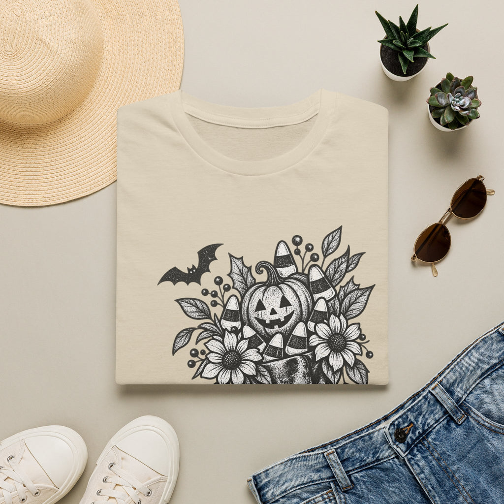Halloween Boot Bouquet T‑Shirt — Pumpkin, Candy Corn & Bat Graphic