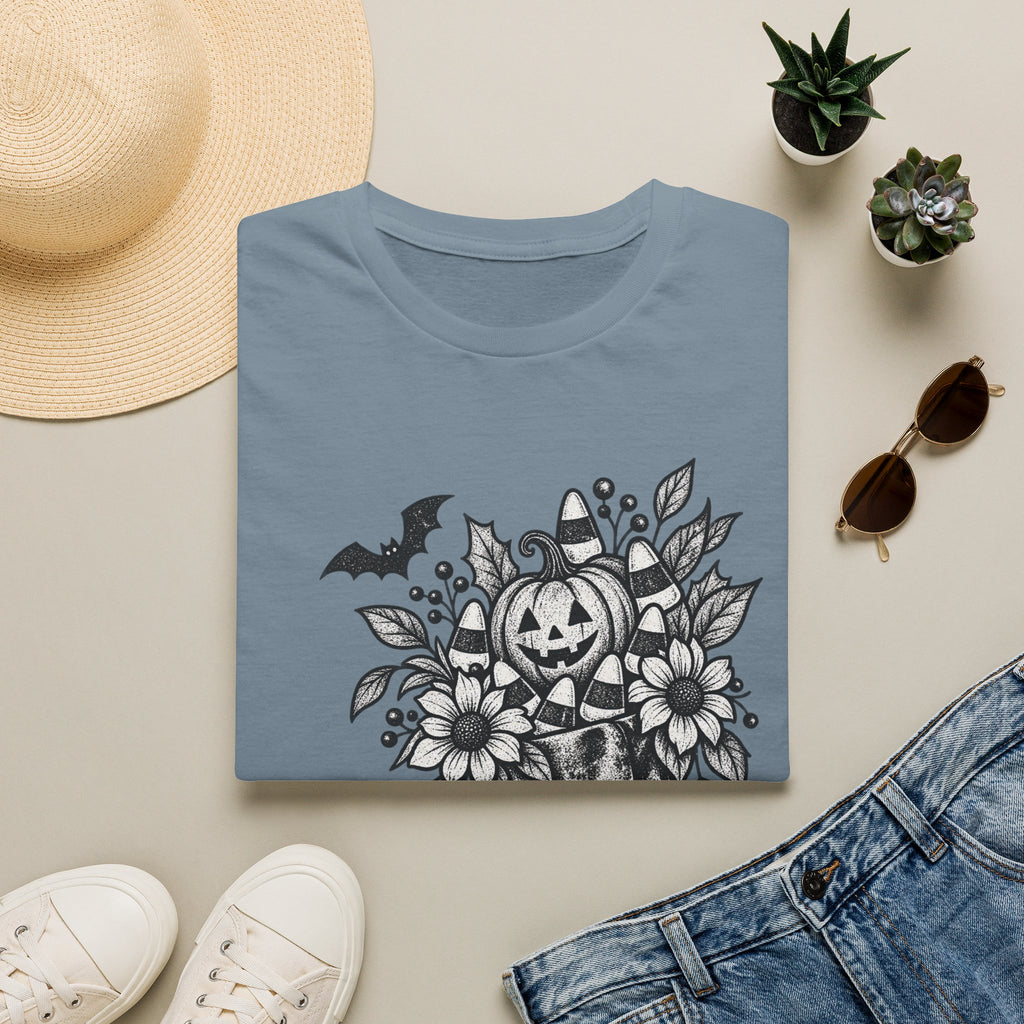 Halloween Boot Bouquet T‑Shirt — Pumpkin, Candy Corn & Bat Graphic