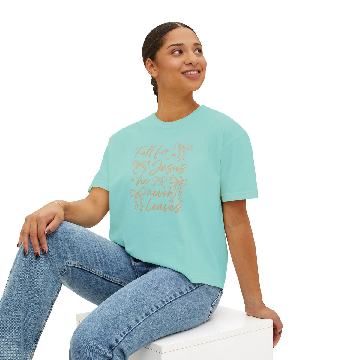 Women's Boxy Tee — "Fall for Jesus He Never Leaves" Faith Graphic Tee