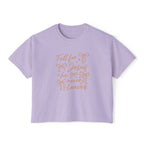 Women's Boxy Tee — "Fall for Jesus He Never Leaves" Faith Graphic Tee