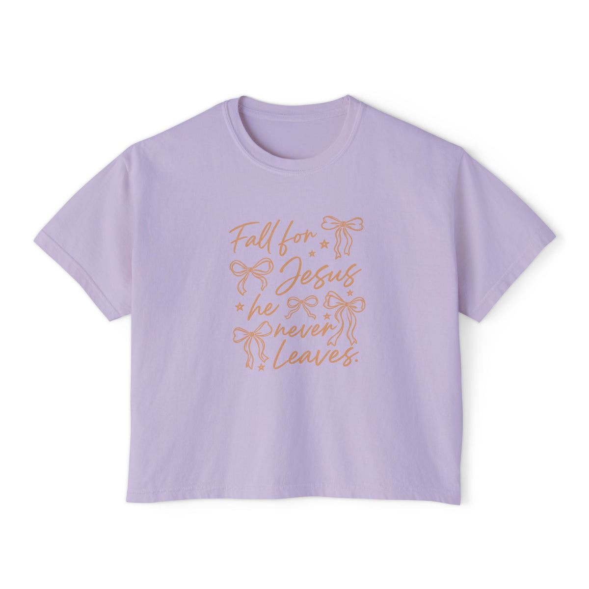 Women's Boxy Tee — "Fall for Jesus He Never Leaves" Faith Graphic Tee