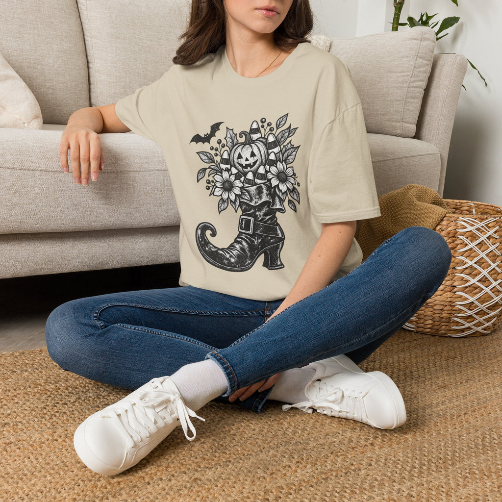 Halloween Boot Bouquet T‑Shirt — Pumpkin, Candy Corn & Bat Graphic