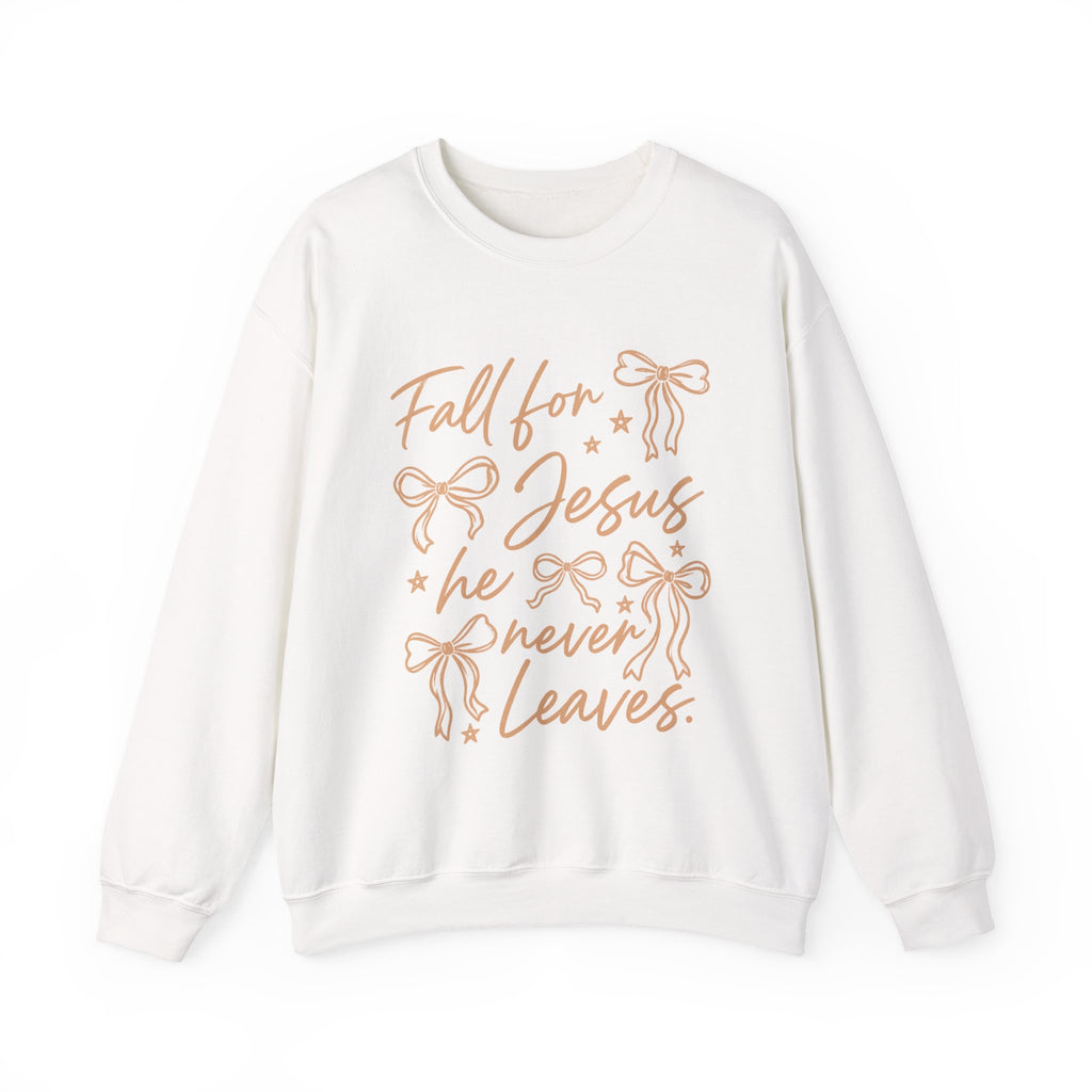 Christian Crewneck Sweatshirt – “Fall for Jesus, He Never Leaves” Autumn Faith Pullover