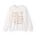 Christian Crewneck Sweatshirt – “Fall for Jesus, He Never Leaves” Autumn Faith Pullover