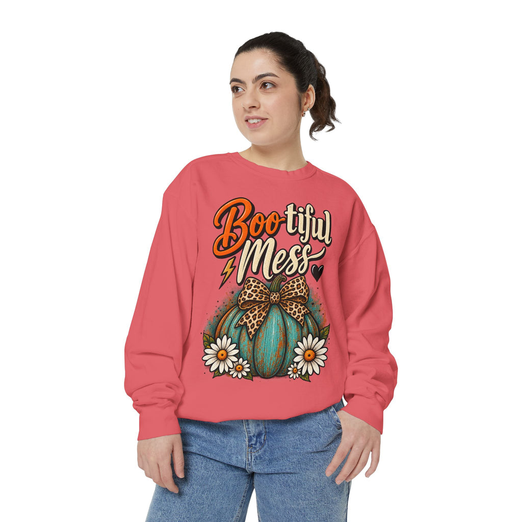 Boo-tiful Mess Sweatshirt – Teal Pumpkin with Leopard Bow & Daisies