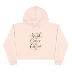 Saved by Grace & Caffeine Crop Hoodie — Christian Coffee Lover Graphic