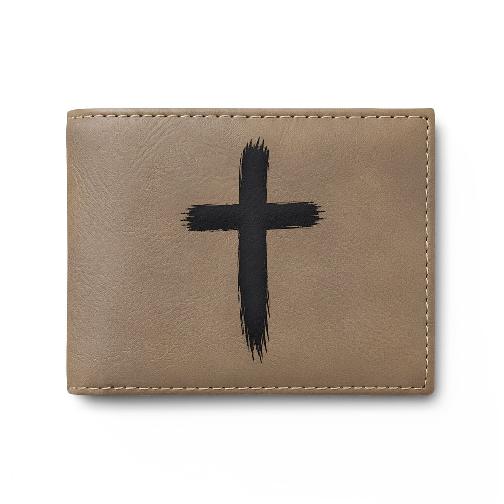 Leather Bi-Fold Wallet with Black Brushstroke Cross — Christian Gift