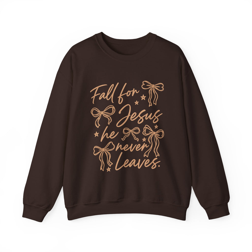 Christian Crewneck Sweatshirt – “Fall for Jesus, He Never Leaves” Autumn Faith Pullover