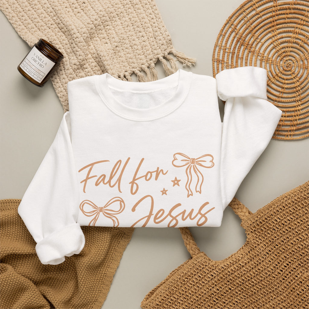 Christian Crewneck Sweatshirt – “Fall for Jesus, He Never Leaves” Autumn Faith Pullover