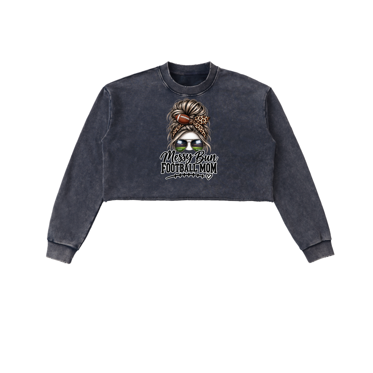 Messy Bun Football Mom Snow Washed Raw Edge Cropped Sweatshirt