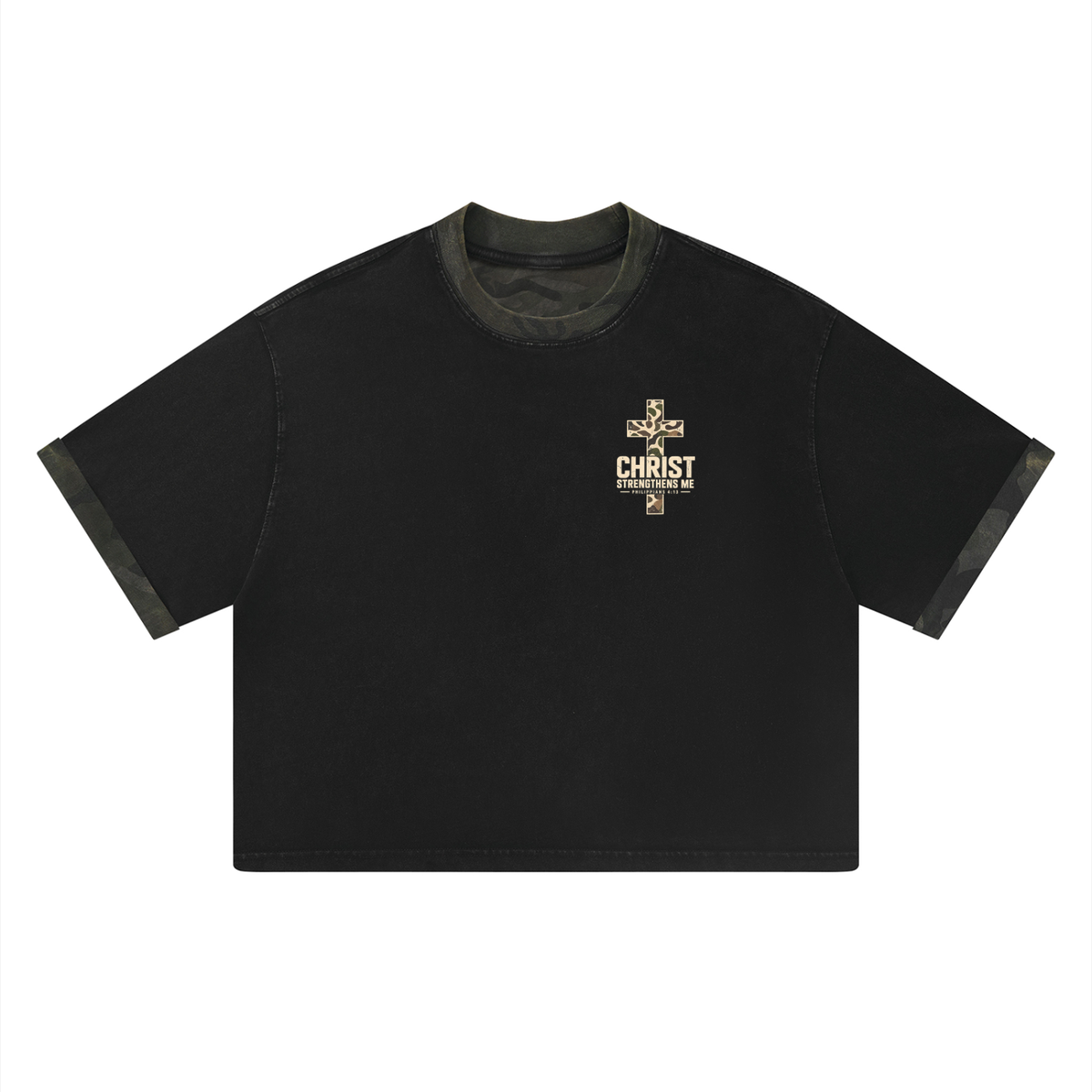 Christ Strengthens Me Camo Mineral Washed Boxy Panel T-Shirt